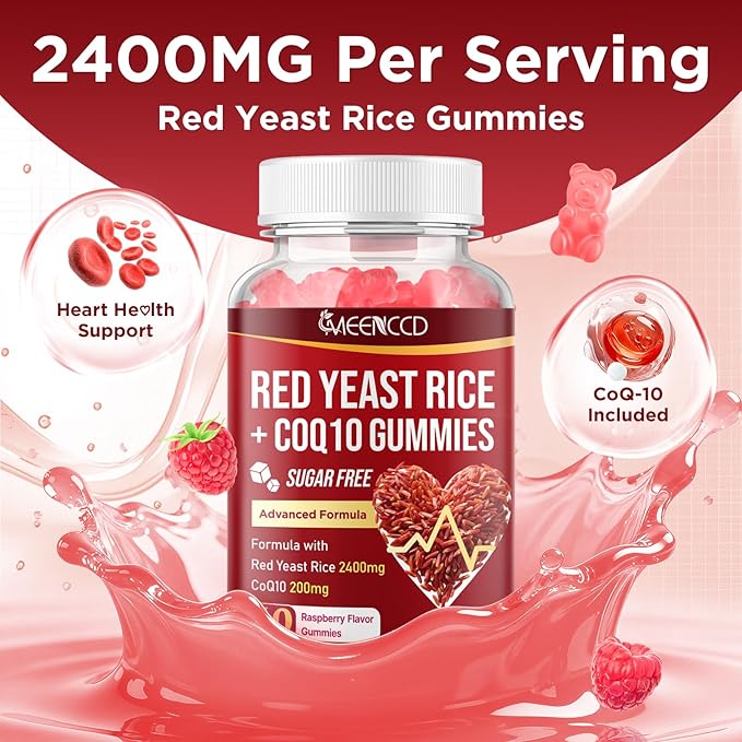 MEENCCD Red Yeast Rice with CoQ10 Gummies, Red Yeast Rice Supplement with Coenzyme Q10 for Overall Well-Being, Sugar Free, Vegan, Raspberry Flavor, 60 Count