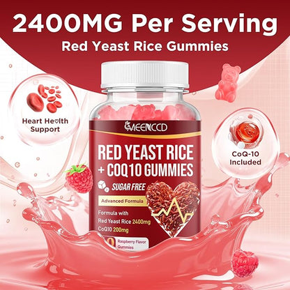 MEENCCD 2 Pack Red Yeast Rice with CoQ10 Gummies, Red Yeast Rice Supplement with Coenzyme Q10 for Overall Well-Being, Sugar Free, Vegan, Raspberry Flavor, 120 Count