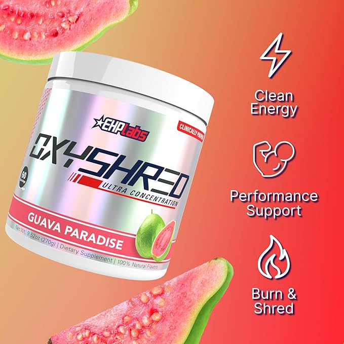 EHP Labs OxyShred Pre Workout Powder & Shredding Supplement - Preworkout Powder with L Glutamine & Acetyl L Carnitine, Energy Boost Drink - Guava Paradise, 60 Servings