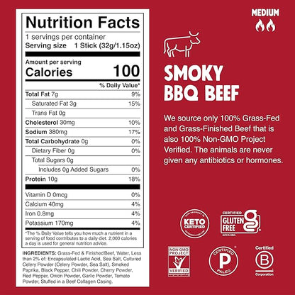 Chomps Grass-Fed and Finished Smoky BBQ Beef Jerky Snack Sticks 10-Pack - Keto, Paleo, Whole30, 10g Lean Meat Protein, Gluten-Free, Zero Sugar Food, Non-GMO