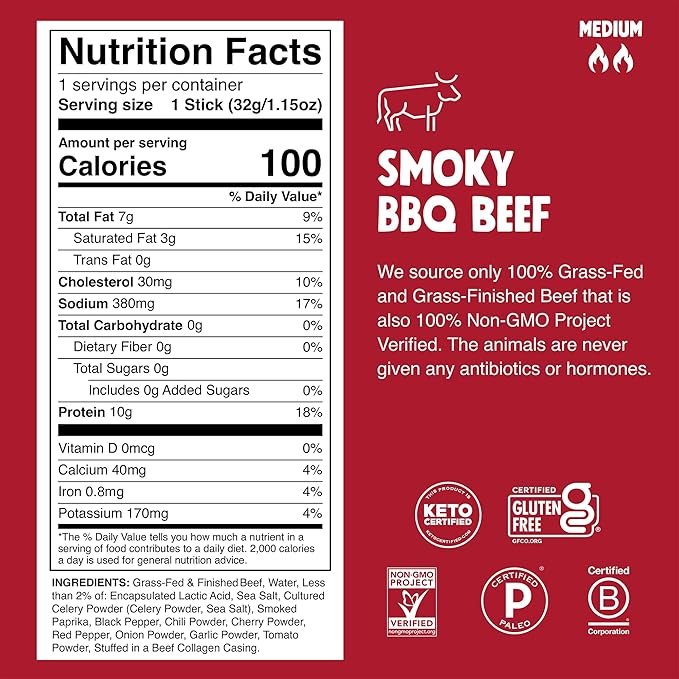 Chomps Grass-Fed and Finished Smoky BBQ Seasoned Beef Jerky Snack Sticks 24-Pack - Keto, Paleo, Whole30, 10g Lean Meat Protein, Gluten-Free, Zero Sugar Food, Non-GMO