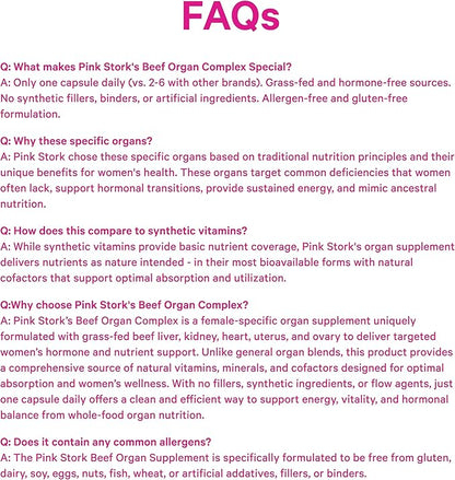 Pink Stork Beef Organ Supplement for Women | Grass-Fed Beef Liver Capsules with Iron, B12, CoQ10, Vitamin A | Primal Multivitamin for Female Hormone + Energy Support | 60 Capsules