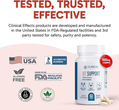 Clinical Effects UT Support - Natural Cleanse and Urinary Tract Health Support - D-Mannose, Dandelion, Hibiscus and Cranberry Pills for Women - 60 D Mannose Capsules - Made in The USA