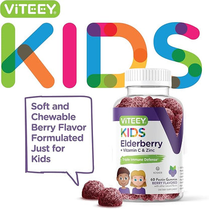 Viteey Sambucus Elderberry for Kids Immune Support Supplements with Zinc & Vitamin C - 3-1 Immune Booster - Vegen, Gelatin Free, Gluten Free, GMO Free - Tasty Chewable Berry Flavored Gummy