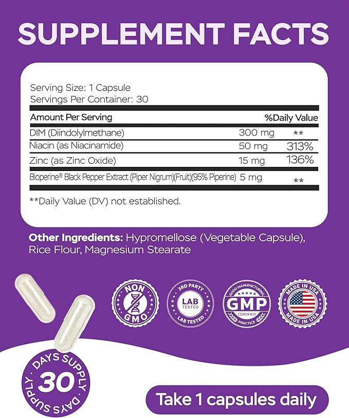 4Well Products Dim Supplement 370mg Complex with Zinc, Niacinamide - Estrogen Blocker for Women & Men, Hormone Balance - Hormonal Acne, Menopause and Antioxidant Support, Diindolylmethane 30 Capsules