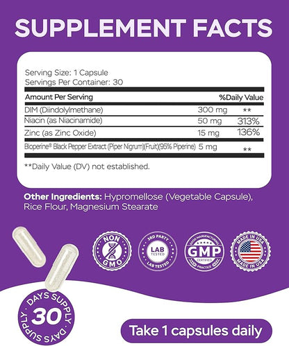 4Well Products Dim Supplement 370mg Complex with Zinc, Niacinamide - Estrogen Blocker for Women & Men, Hormone Balance - Hormonal Acne, Menopause and Antioxidant Support, Diindolylmethane 30 Capsules