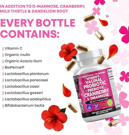 Clean Nutraceuticals Vaginal Probiotics for Women + Prebiotics 20 Billion Cranberry Pills w D-Mannose 500 mg for Urinary Tract Health pH Balance - for Vaginal Health Supplements Pills - 3Pack