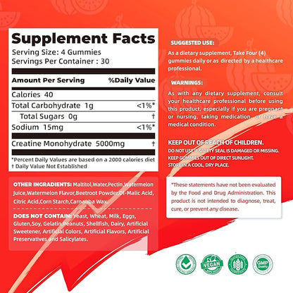 Creatine Monohydrate Gummies 5000mg for Men & Women -120 Gummies Advanced Formula, Muscle Strength, Muscle Builder, Energy Boost, Pre-Workout Supplement-Watermelon