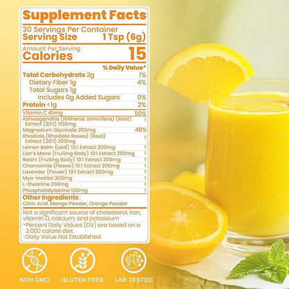 Cortisol Drink Powder, Cortisol Supplements for Women | Magnesium Glycinate, Ashwagandha, L-Theanine & Lion’s Mane | Relaxation, Focus & Stress Balance | Mango Orange Flavor | 30 Servings