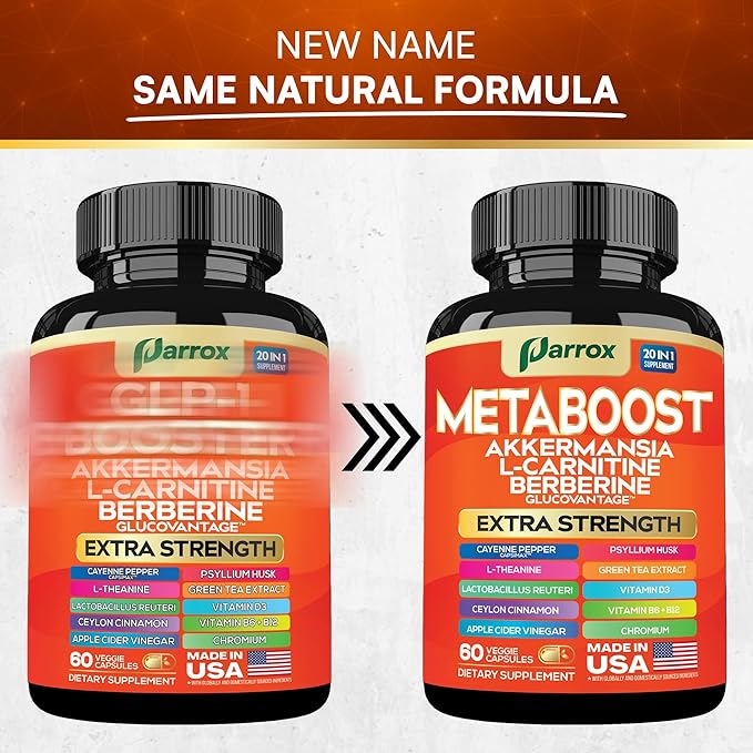 GLP-1 Booster Supplement, Akkermansia, L-Carnitine, Berberine (GlucoVantage), Methylfolate, Methylated B12, Chromium, Capsimax, Psyllium Husk, Probiotics Vitamins D3, B6, 20-in-1 Plant-Based (60 Caps)