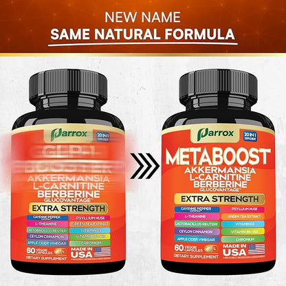 GLP-1 Booster Supplement, Akkermansia, L-Carnitine, Berberine (GlucoVantage), Methylfolate, Methylated B12, Chromium, Capsimax, Psyllium Husk, Probiotics Vitamins D3, B6, 20-in-1 Plant-Based (3 Pack)