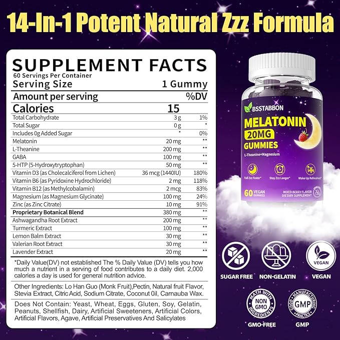 Natural Melatonin 20mg Gummies: Sugar Free Chewable Vegan Supplement with Magnesium Ashwagandha Zinc GABA Vitamin B12 Lemon Balm L-Theanine - Immune Deep Zzz for Adults Women Men(120Count)