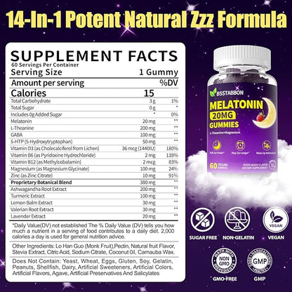 Natural Melatonin 20mg Gummies: Sugar Free Chewable Vegan Supplement with Magnesium Ashwagandha Zinc GABA Vitamin B12 Lemon Balm L-Theanine - Immune Deep Zzz for Adults Women Men(120Count)