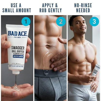 BAD ACE Swagger Ball Buffer | Rinse-Free Hygiene Cleanser & Men's Intimate Wash | Ball & Groin Wash for Men | Below-the-Belt Intimate Wash for Male, Odor & Sweat Control, 2.7 oz