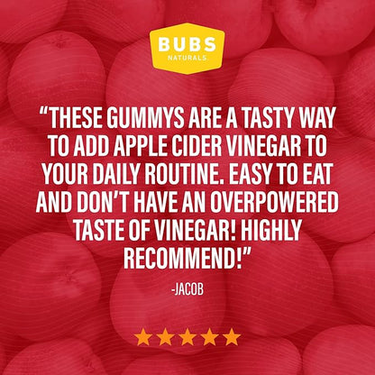 BUBS Naturals Apple Cider Vinegar Gummies with The Mother, All Natural Vegan ACV Gummy Vitamins, Supports Detox, Digestion & Energy Booster with B Vitamins, 60 Count
