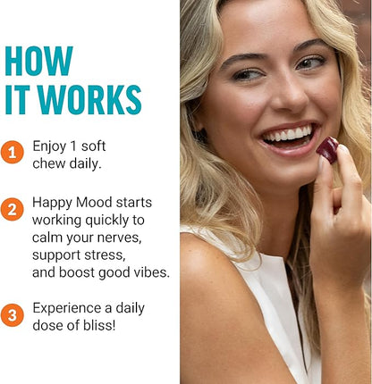 FORCE FACTOR Happy Mood, Mood Support and Mood Balance Supplement to Support Happiness, Positivity, and Stress, Made with Magnesium, Saffron, Zembrin, Non-GMO, Tropical Fruit Flavor, 30 Soft Chews
