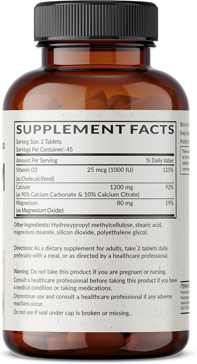 Futurebiotics Calcium 1200 MG Per Serving Sustained Release with Vitamin D3 1000 IU Per Serving Non-GMO, 90 Vegetarian Tablets