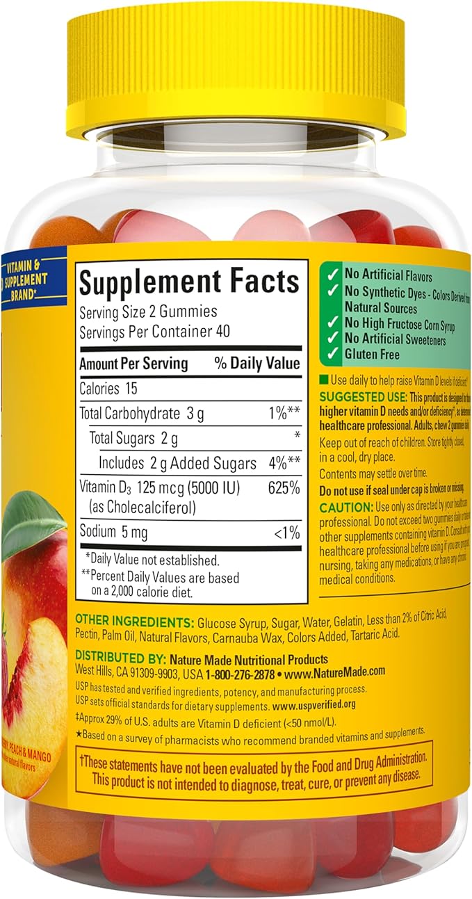 Nature Made Vitamin D3 5000 IU Per Serving Gummies Extra Strength, Bone and Immune Health Support, 80 Vitamin D Gummies for Adults, 40 Day Supply