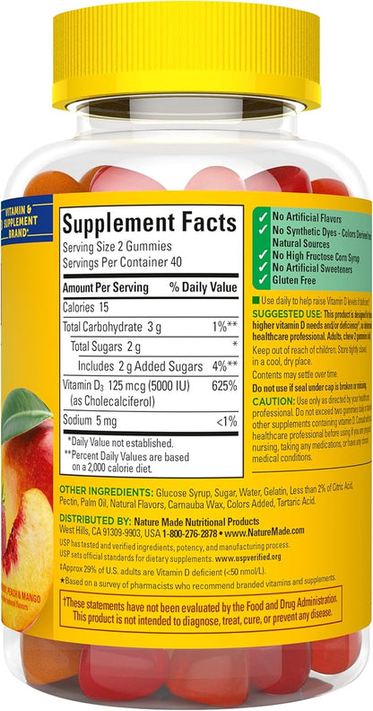Nature Made Vitamin D3 5000 IU Per Serving Gummies Extra Strength, Bone and Immune Health Support, 80 Vitamin D Gummies for Adults, 40 Day Supply