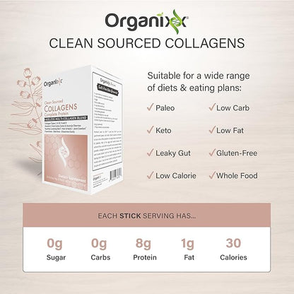 Organixx Clean Sourced Collagens, Protein Powder Supplement with 5 Types of Collagen, Vitamin C, Zinc, and Vitamin B6, Unflavored Collagen Powder, Dairy and Gluten Free, Keto, 15 Travel Packets