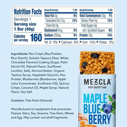 Mezcla Puff-Crispy Plant Based Protein Bars - Maple Blueberry - Healthy Snacks for Adults & Kids - Granola Bars for School, Travel, Office Snacks - Gluten Free, Vegan, Non GMO, 10g Protein - 12 Count