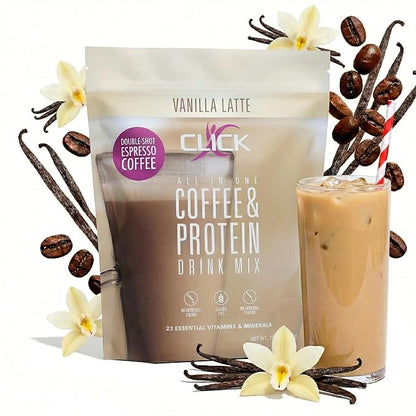 Click Coffee Protein Powder | Double Shot Espresso | 16g Protein | 23 Essential Vitamins | Low Calorie Meal Replacement | 150mg Caffeine | Gluten Free | No Artificial Flavors or Colors | Vanilla