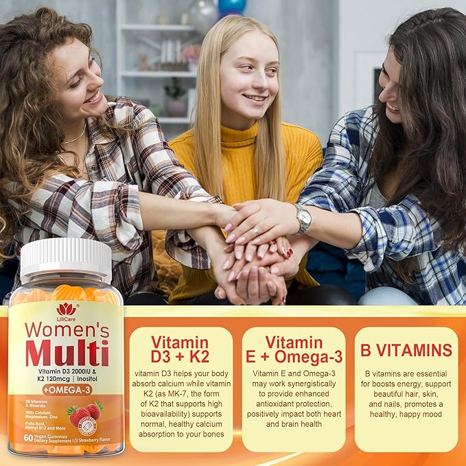 Womens Multivitamin Gummy with Omega 3（DHA/EPA), Vitamin D3 K2, Calcium, Inositol, Daily Womens Vitamin A C E B Complex, L-MethylFolate, Methyl B12,Sugar Free Methylated Multivitamins Minerals, 60Cts