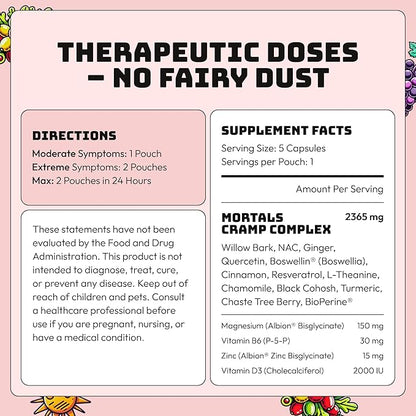 Mortals Cramp Crusher, Supports Bloating Relief for Women, Chasteberry, Magnesium Bisglycinate, Vitamin B6, Black Cohosh, Women's Hormone Balance Supplement, PMS Relief, (50 Capsules)