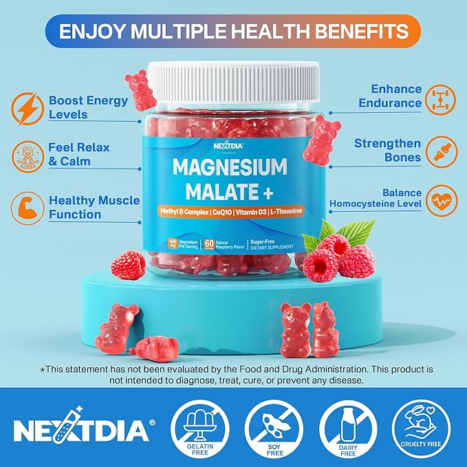 Magnesium Malate Gummies - Magnesium 400mg, L-5-MTHF Folate 680mcg, Methyl B12, B6, L-Theanine & CoQ10 - Sugar Free Methylated Magnesium Complex for Women Men, Methylation, Energy, Muscle & Calm,2Pack