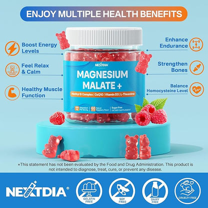 Nextdia Magnesium Malate Energy Gummies Plus L-Theanine, CoQ10, Methyl B12, Methylfolate, B6 & D3-400mg Magnesium Gummy Sugar Free for Women Men, Supports Muscle Function, Calm & Relax, Vegan, 60 Cts
