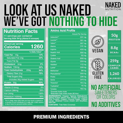 NAKED Vegan Mass - Double Chocolate Weight Gainer - 1,260 Calories, 50G Protein, Nothing Artificial, All Natural Chocolate Protein Powder, Non-GMO, Soy & Gluten Free - 8LB Bulk - 11 Servings
