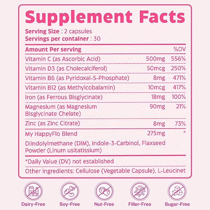 My Happy Flo PMS Support Supplement for Women with Iron, PMS Relief Hormone Support for Women, 10-in-1 PMDD Supplements for Women | DIM & I3C Indole-3-Carbinol for Cramp Relief, Heavy Flow - 60 Caps