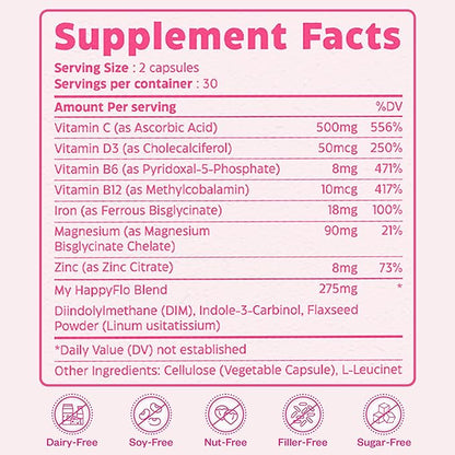 My Happy Flo PMS Support Supplement for Women with Iron, PMS Relief Hormone Support for Women, 10-in-1 PMDD Supplements for Women | DIM & I3C Indole-3-Carbinol for Cramp Relief, Heavy Flow - 60 Caps
