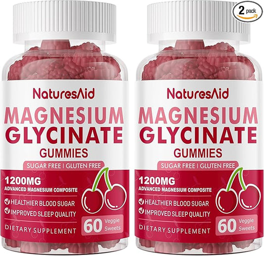 Natures Aid Magnesium Glycinate Gummies 1000mg - Sugar Free Magnesium Potassium Supplement with Vitamin D, B6, CoQ10 for Calm Mood & Sleep Support - 120 Cherry Gummies -2 Pack