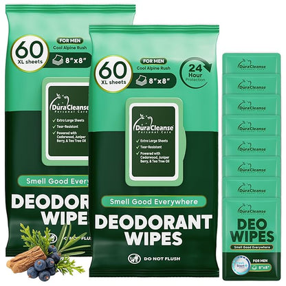 Dura Cleanse Deodorant Wipes for Men - Freshening Body Towelettes for Post-Workout, Travel, and Daily Deodorizing - On-the-Go Fresh Scent Cleansing Wipes, 64 Count (1 Pack)