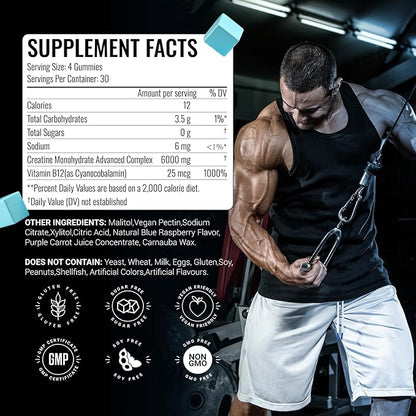 Creatine Monohydrate Gummies 6g for Men Women,Complex Creatine Monohydrate Chewable for Muscle Strength,Muscle Building,Energy Boost,Pre-Workout Energy Supplement,Vegan Blue Raspberry - 120 Count