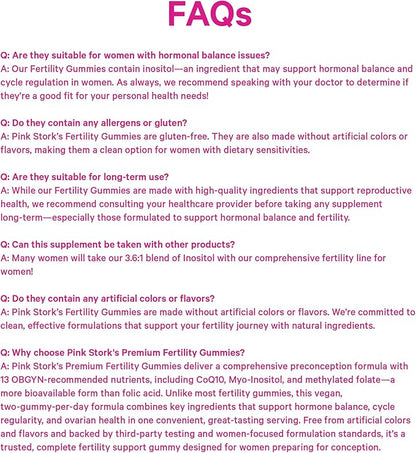 Pink Stork Premium Fertility Gummies | Fertility Supplements for Women with CoQ10, Myo-Inositol + Prenatal Vitamins | Conception Support | Hormone Balance for Women, Ovarian Care - 60 Gummies