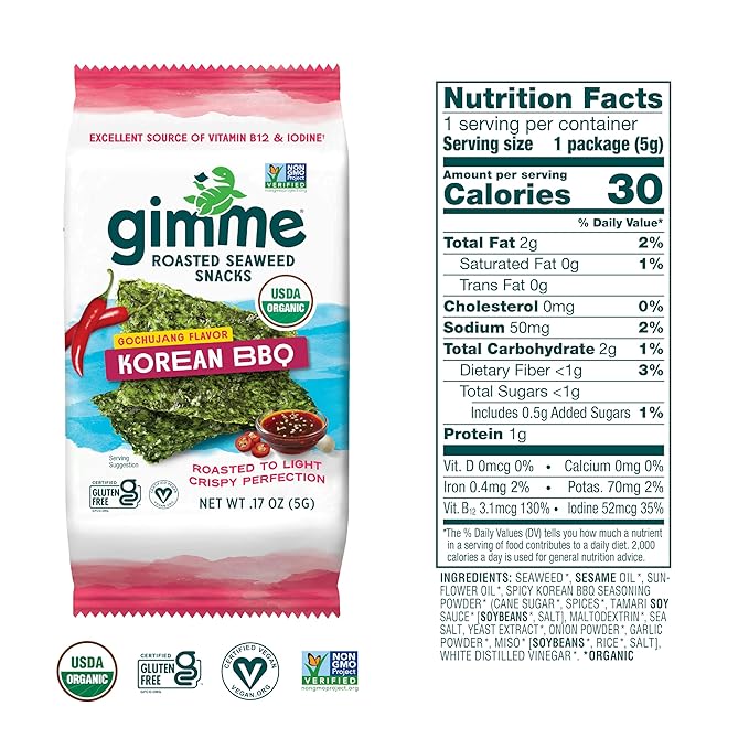 Gimme Seaweed Organic Premium Roasted Seaweed Snacks, Korean BBQ, 6 Count, Keto, Vegan, Gluten-Free, Great Source of Omega3s and Iodine, Healthy On-The-Go Snack for Kids and Adults