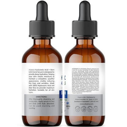 Alozera Hyaluronic Acid Serum for Face with Stem Cells, Deep Hydrating & Plumping Facial Serum for Dry Skin, Helps Improve Smoothness & Elasticity, Anti-Aging Moisturizing Serum for Day & Night