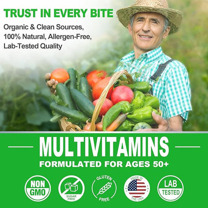 Multivitamin for Men 50 + Plus, Sugar Free Men Multivitamins Gummies w/Omega-3, Coq10, D3k2, Calcium, Magnesium, Zinc, Vitamins A, C & E, Mens Vitamins for 𝖧𝖾𝖱𝗍, Antioxidant, Brain, Bone, 60cts