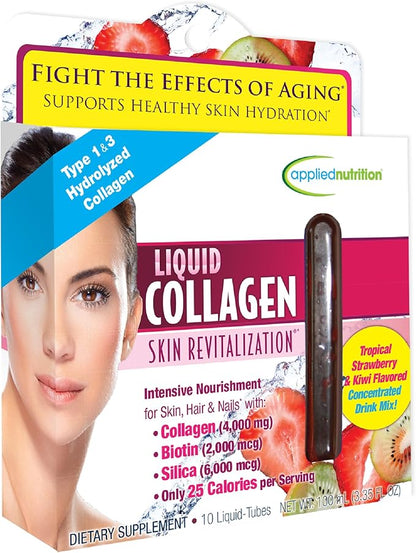 Applied Nutrition Liquid Collagen Skin Revitalization - 10 Liquid Tubes - Collagen, Biotin & Silica - Tropical Strawberry & Kiwi Flavor - 10 Servings