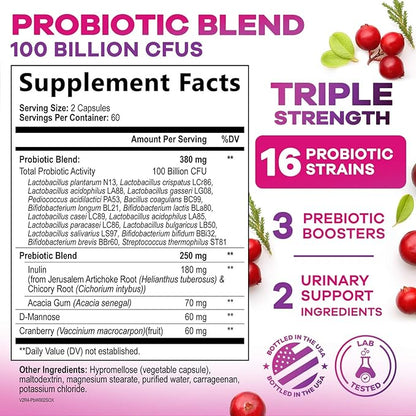 Probiotics for Women 100 Billion CFU Per Serving - 16 Unique Strains, Prebiotics Cranberry & Lactobacillus, PH Balance, Digestive & Gut Health, Vaginal & Immune Support Women's Probiotic, 120 Capsules