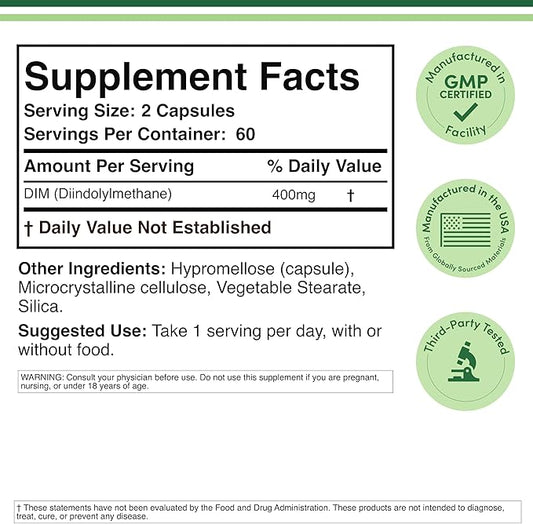 DIM Supplement for Women and Men (Diindolylmethane Estrogen Blocking Supplement, Hormonal Acne Treatment, Hormone Balance for Women) 400mg Servings, 200mg Per Capsule, 60 Capsules by Double Wood