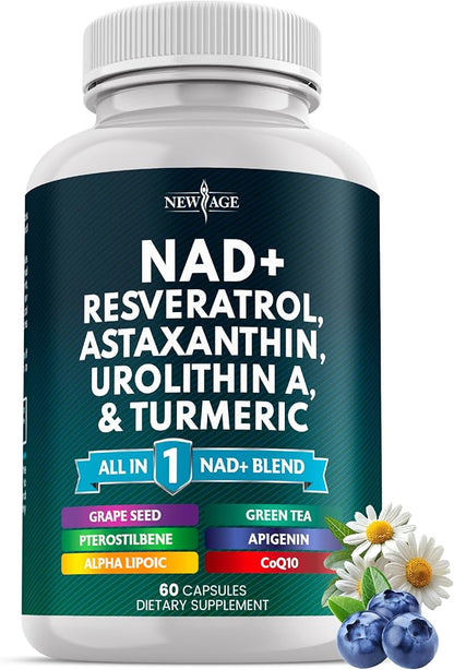 NEW AGE NAD+ Supplement - Astaxanthin, Urolithin A, Resveratrol, CoQ10 & Antioxidant Blend – Cellular Energy, Mitochondrial Support – Vegan, Non-GMO- 60 Count