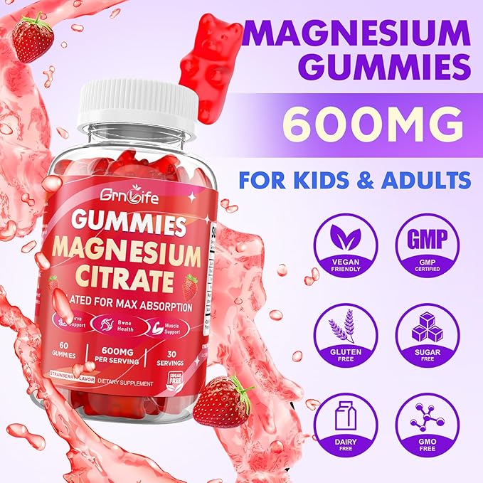 2 Pack Magnesium Citrate Gummies 600mg for Women Men, High Absorption Magnesium Supplement Gummies for Calm, Relaxation, Muscle Health, Vegan, Strawberry Flavor, 120 Count