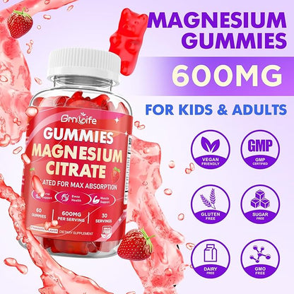 Magnesium Citrate Gummies 600mg for Women Men, High Absorption Magnesium Supplement Gummies for Calm, Relaxation, Muscle Health, Vegan, Strawberry Flavor, 60 Count