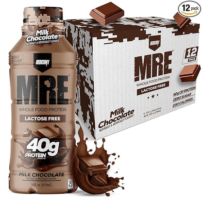 REDCON1 MRE Ready to Drink Protein Shake, Milk Chocolate - Lactose Free RTD 40gr Protein Made with Real Whole Food Protein Blends - Easy to Digest Nutritional Shake (12 Pack)