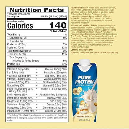 Pure Protein Complete Protein Shake, Banana Pudding, 30g High Protein Drink, Less than 1g Sugar, 3g Fiber, Ready to Drink, Non GMO, On-the-Go Shakes, 11oz Bottles, 12 Pack