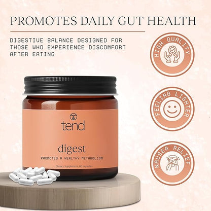 Tend Digest – Digestive Enzyme & Herbal Blend | Bloating Relief, Gas Support, Gut Health Supplement with Peppermint, Ginger & Chamomile