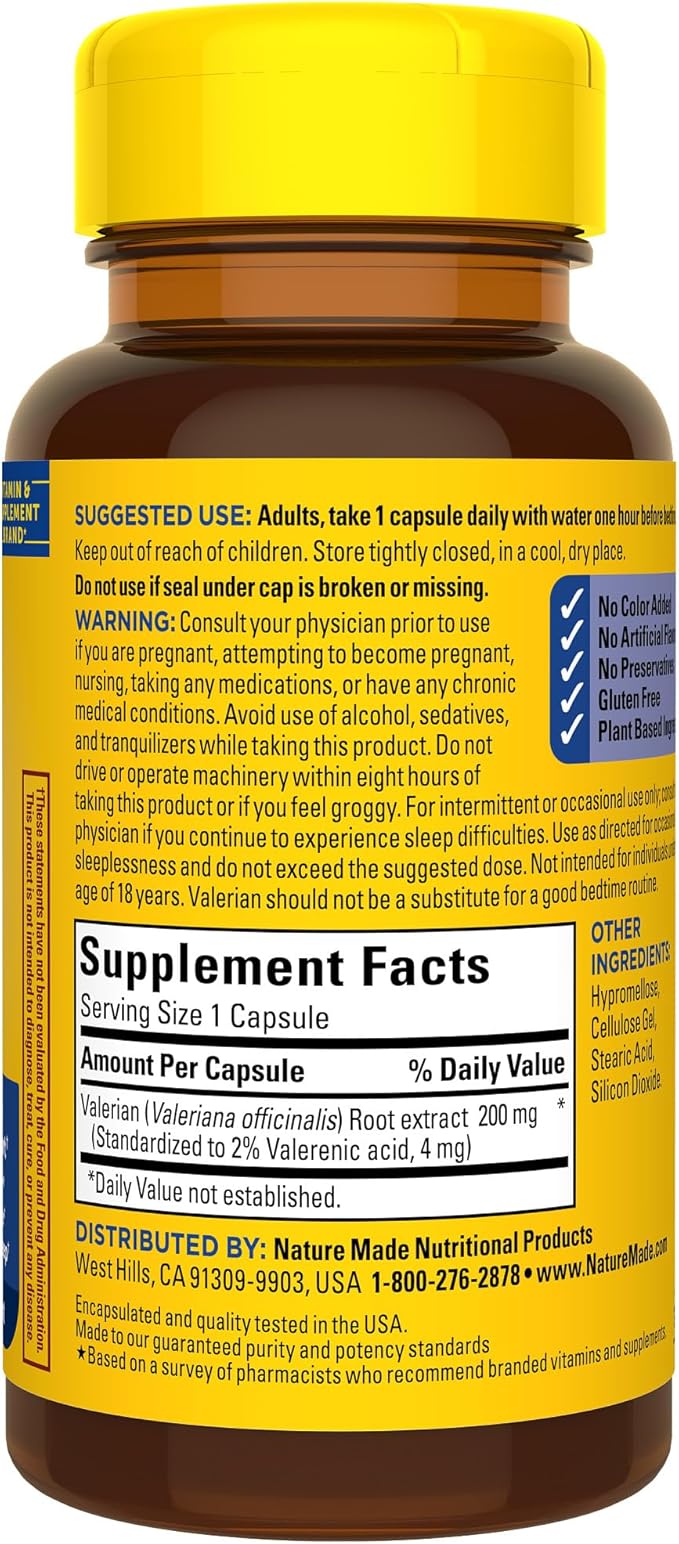 Nature Made Valerian Root for Sleep Support,Melatonin Free Sleep Aid for Adults,30 Valerian Root Capsules,30 Day Supply, (Pack of 2)